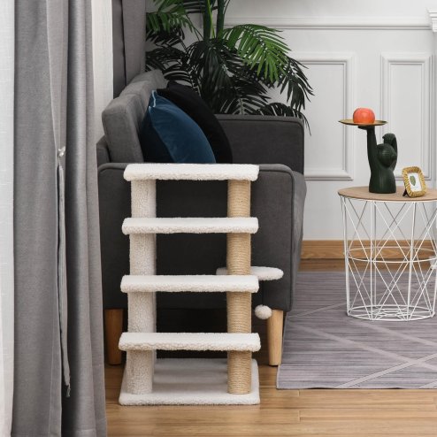 PawHut Pet Stair, Cat Tree with 4-step Climb Ladder, Scratching Posts, Platforms, Toy Ball, for Indoor Elderly Cats Kittens, White