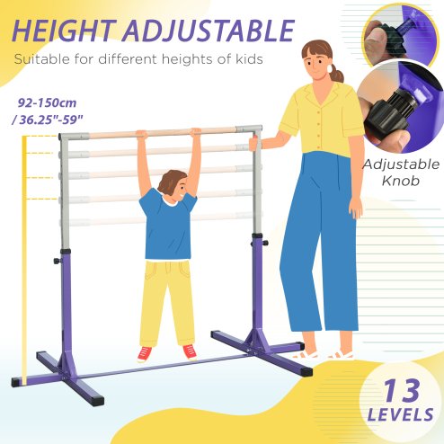 HOMCOM Height Adjustable Gymnastics Horizontal Bar For Kids Home Gym Training Children Junior Kip High Bar Fitness, Purple