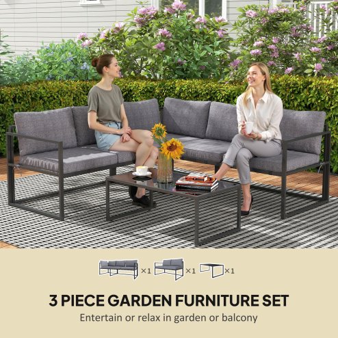 Outsunny 3 Piece L Shaped Garden Furniture Set with Cushions, Garden Corner Sofa Set with 3-Seater Sofa, Loveseat and Tempered Glass Top Table for Outdoor, Grey