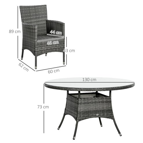 Outsunny 7-Piece PE Rattan Garden Furniture Set, Wicker Outdoor Dining Set with Cushions, Umbrella Hole & Round Glass Top Table, 6 Seater Garden Table and Chairs for Patio, Balcony, Mixed Grey