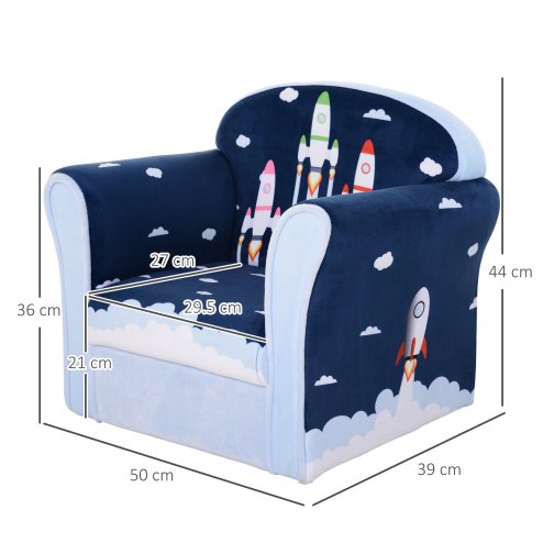 HOMCOM Children's Armchair Flannel Kids Sofa Tub Chair Cartoon Rocket Pattern Wooden Frame Bedroom Playroom Seater Blue