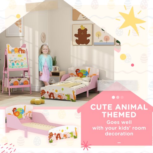 AIYAPLAY Toddler Bed, Cute Animal-Themed Kids Bed Frame with Safety Rails, Kids Bedroom Furniture, 143 x 77 x 60cm, Pink