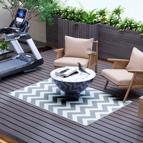 Outsunny 121 x 182 cm(4x6ft) Outdoor Rug Reversible Mat Plastic Straw Rug Portable RV Camping Mat for Garden Deck Picnic Indoor, Light Grey & White