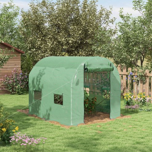 Outsunny 2.5 x 2m Walk-In Polytunnel Greenhouse, with Steel Frame, PE Cover, Roll-Up Door and 4 Windows, Green