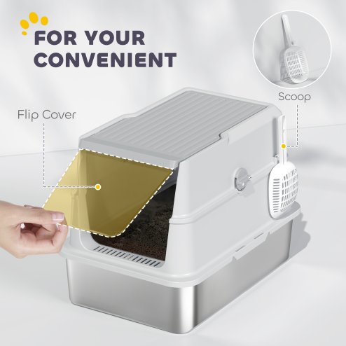 PawHut Stainless Steel Cat Litter Tray, Extra Large Enclosed Litter Box for Large Cats with Scoop, Flip Top, Easy Cleaning, Light Grey