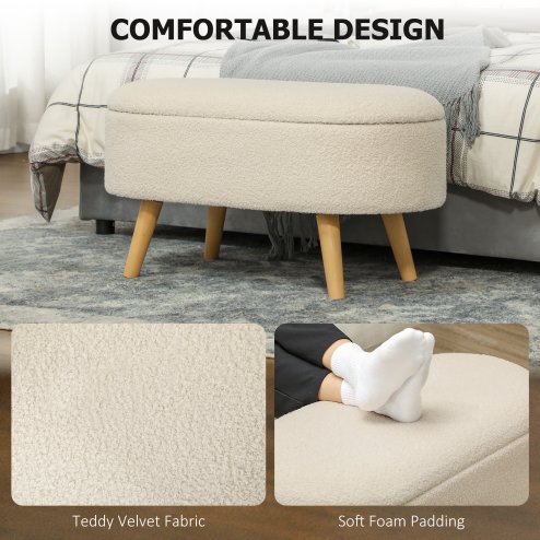 HOMCOM Ottoman Storage Bench, Padded Bedroom Bench with Storage and Lid, Foot Stool for Hallway, Living Room, Cream White