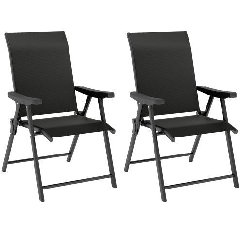 Outsunny Set of 2 Folding Chair, Garden Chair Set with Breathable Mesh Back and Seat, Outdoor Camping Chairs with Armrests, Steel Frame for Deck Balcony, Black