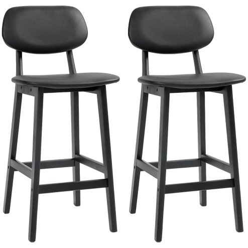 HOMCOM Bar Stools Set of 2, Breakfast Bar Chairs, PU Leather Upholstered Kitchen Stools with Backs, Footrests and Solid Wood Legs, Black