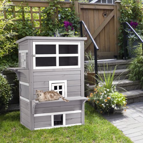 PawHut Outdoor Cat House, 3 Tier Wooden Kitten Shelter with Jumping Platforms, Asphalt Roof, Doors for Indoor, Garden - Grey