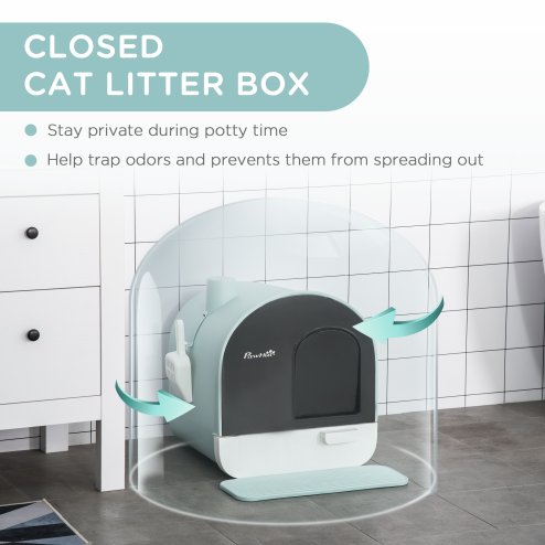 PawHut Cat Litter Box Kitten Litter Tray w/ Hood, Scoop, Filter, Flap Door, 43 x 44 x 47cm - Green