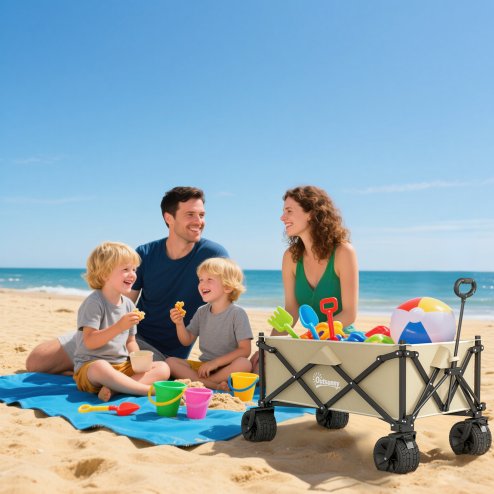 Outsunny 110L Festival Trolley on Wheels, Folding Camping Trolley Cart with Telescopic Handle, Carry Bag and All-Terrain Big Wheels, for Garden, Beach, Fishing, Black, Khaki