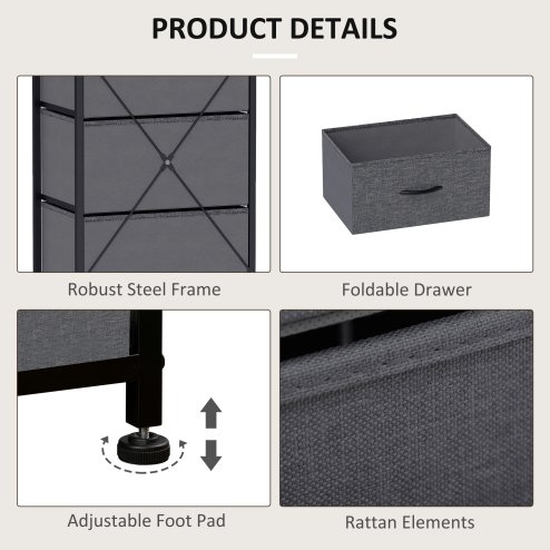 HOMCOM Fabric Chest of Drawers, Storage Drawers, Industrial Bedroom Dresser with 5 Fabric Drawers, Steel Frame and Wooden Top for Nursery, Living Room, Hallway, Dark Grey