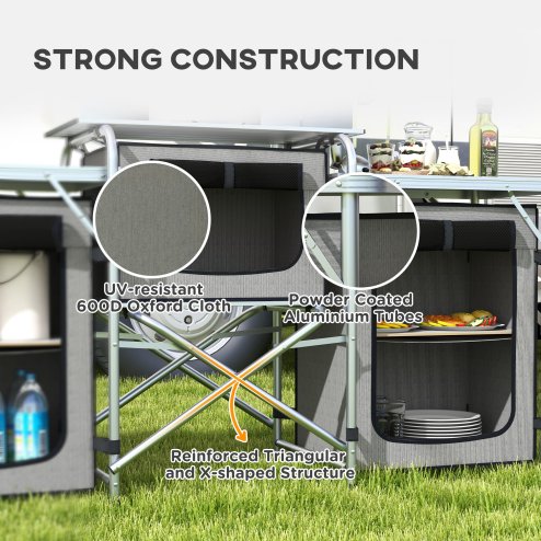 Outsunny Folding Camping Kitchen, Portable Aluminium Camping Table with 3 Fabric Cupboards, Windshield, Light Stand, Carrying Bag for BBQ, RV, Picnic, Grey