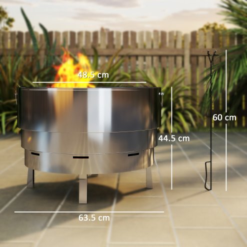 Outsunny Outdoor Round Fire Pit with Grill Net, Portable Wood Burning Firepit with Poker and Foldable Legs, Stainless Steel for Patio Bonfire BBQ Camping, Silver