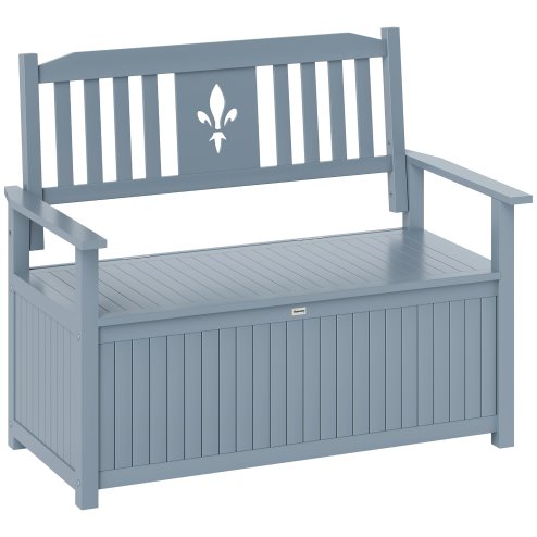 Outsunny 2 Seater Garden Storage Bench, 164L Outdoor Storage Box with Backrest Flower Pattern, Wooden Garden Bench with Armrests, 125 x 68.5 x 97cm, Grey