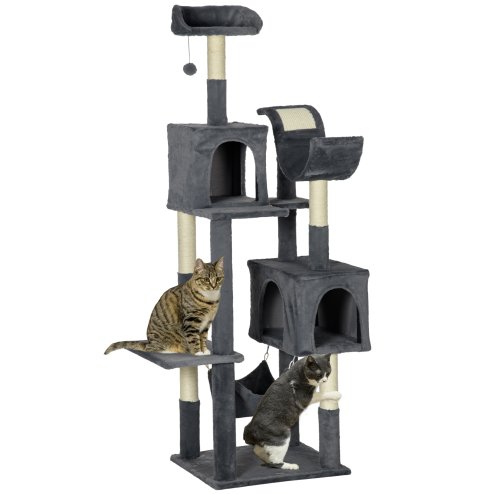 PawHut 177cm Cat Tree for Indoor Cats, Mult-level Kitten Climbing Tower, with Scratching Posts, Two Cat Houses, Perches, Toy Ball - Dark Grey