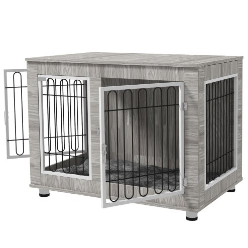 PawHut Dog Crate Furniture, Side End Table, Indoor Dog Kennel with Soft Washable Cushion, Wire Mesh, Large Top, for Large Dogs, 106 x 74 x 81.5, Grey