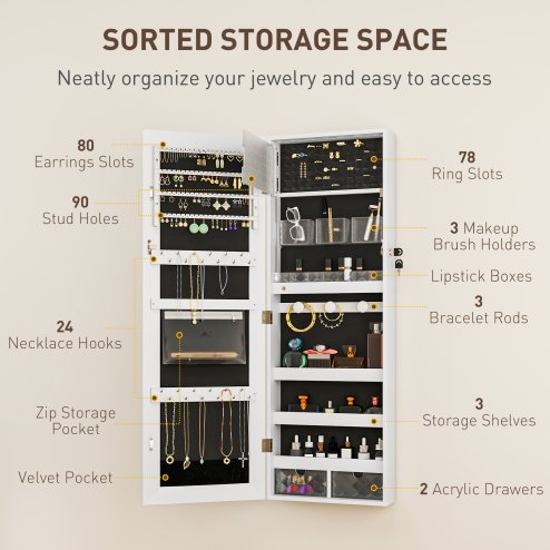 HOMCOM Jewellery Cabinet with LED Lights, Door Hanging or Wall Mounted Full Length Mirror with Storage, Lockable Jewellery Organiser, White Surface and Black Lining