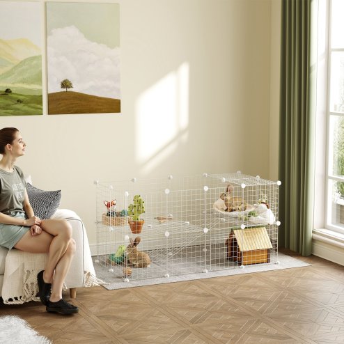 PawHut DIY Pet Playpen Metal Wire Fence Indoor Outdoor Rabbit Small Animals Cage 36 Panel Enclosure White