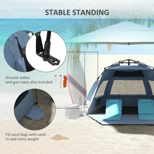 Outsunny Pop Up Tent Beach Tent for 2-3 Person, UPF15+ Easy Set Up Sun Shelter with Extended Floor, Sandbags, Mesh Windows and Carry Bag, Light Blue
