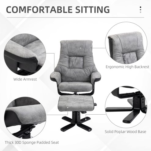 HOMCOM Recliner Chair With Footstool, Swivel Lounge Armchair, 135° Reclining Chair With Soft Padded Seat and Armrest For Living Room, Bedroom, Grey
