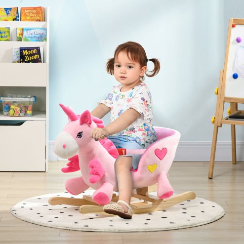 HOMCOM Rocking Horse, Kids Plush Ride on Unicorn with Songs, Wooden Base, Seat Belt, for Toddlers 18-36 Months, Pink