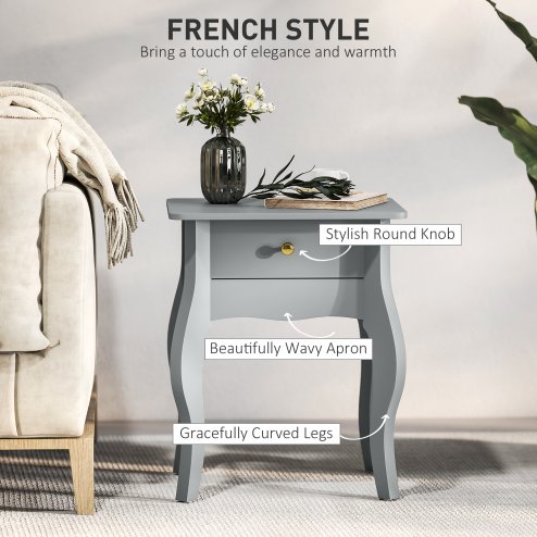 HOMCOM French Style Side Table with Drawer, End Table with Curved Legs, Bedside Table for Living Room, Bedroom, Grey