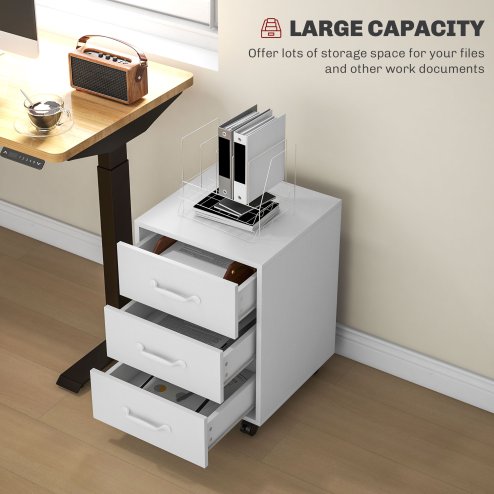 HOMCOM 3-Drawer Filing Cabinet, Mobile File Cabinet for Home Office, Small Rolling Filing Cabinet, Printer Stand, Under Desk File Cabinet for A4, Letter-Size Files, White Wood Grain