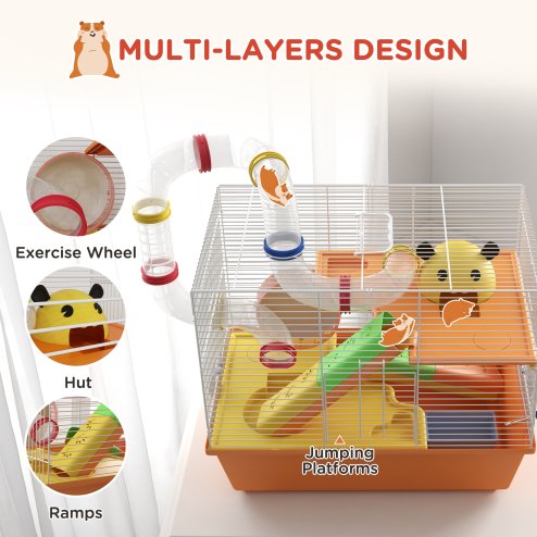 PawHut 3 Tiers Hamster Cage, Small Animal House with Tubes, Exercise Wheel, Ladder, Water Bottle, Dish, Hut, Top Handle, 45 x 28 x 37cm - Orange