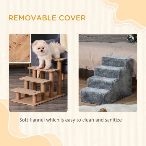 PawHut Dog Steps for Sofa, 4 Steps Dog Stairs, Pet Stairs, with Washable Plush Cover, for Small Breeds, Cats - Light Grey
