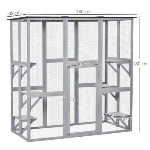 PawHut Large Outdoor Cat House, Walk-in Cat Enclosure, Wooden Catio with 6 Jumping Platforms, Waterproof Asphalt Roof