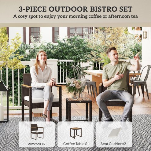 Outsunny 3-Piece Rattan Bistro Set, Patio Table and Chairs Set with Removable Cushions, Rattan Conversation Set with Acacia Wood Table & Adjustable Foot Pads for Garden Balcony, White