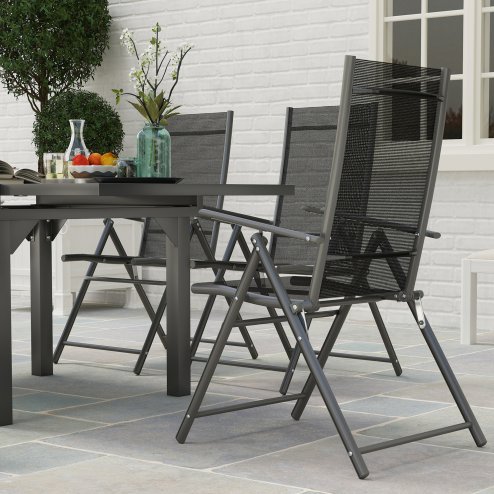 Outsunny 7 Piece Outdoor Dining Set, Garden Furniture Set with Extendable Table and 6 Folding Chairs, Outdoor Conversation Set with 5mm Tempered Glass Top & Aluminium Frame, for Patio, Balcony, Deck