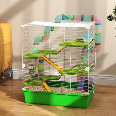 PawHut 5 Tier Hamster Cage, Gerbil Cage with Tube, Water Bottle, Exercise Wheel, Food Dish, 59L x 36W x 69H cm - Green