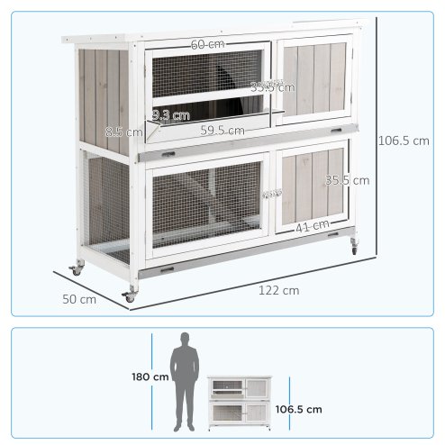 PawHut 4 FT Rabbit Hutch 2-Tier Wooden Bunny Cages Guinea Pig Hide House with Tray, Ramp and Wheel, Cover - Grey
