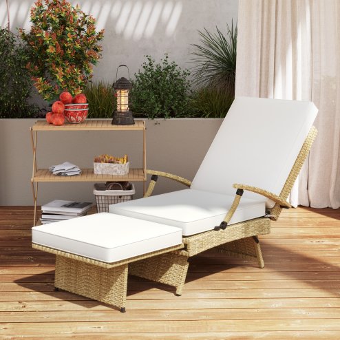Outsunny Outdoor PE Rattan Recliner Chair with Cushion, Foldable Design Garden Recliner Chair with Retractable Footrest and Adjustable Back with 80 degree Recline, Beige