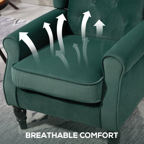 HOMCOM Retro Accent Chair, Velvet Wingback Armchair with Wood Frame Button Tufted Design for Living Room Bedroom, Green