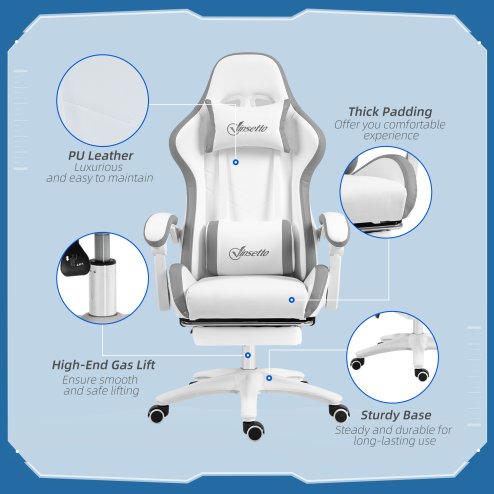 Vinsetto Computer Gaming Chair, PU Leather Office Desk Chair with Footrest, Swivel Wheels, 135?? Reclining Back, Lumbar Support, Headrest for Home, White and Grey