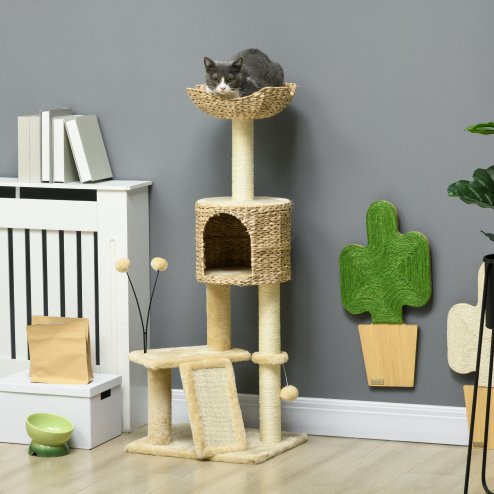 PawHut 116cm Cat Tree for Indoor Cats, Cat Tower with Scratching Posts, Ramp, Cat House, Toy Balls, Platforms, Bed, Ramp - Beige
