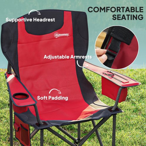 Outsunny Set of 2 Folding Camping Chairs, Padded Camping Chairs with Adjustable Armrests, Portable & Lightweight Folding Camp Chair with Cooler Bag, Cup Holder and Side Pockets, Red
