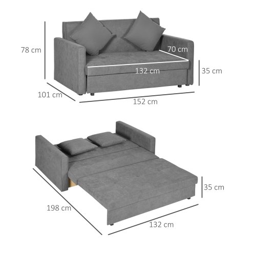 HOMCOM 2 Seater Sofa Bed, Convertible Bed Settee, Modern Cotton Loveseat Sofa Couch with 2 Cushions, Hidden Storage for Living Room, Guest Room, Light Grey
