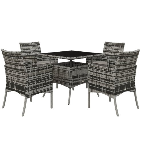 Outsunny 4 Seater Rattan Dining Set with Cushions, 5 Pieces Garden Dining Set with Glass Tabletop, PE Rattan Garden Furniture Set with Dining Table and Armchairs for Patio, Balcony, Mixed Grey