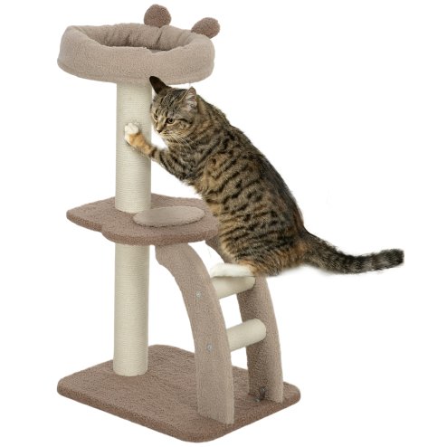 PawHut Cat Tree for Indoor Cats, 88cm Cat Tower with Sisal Scratching Post, Hanging Ball, Large Cat Perch, Stairs, Cat Activity Centre for Kitten, Brown