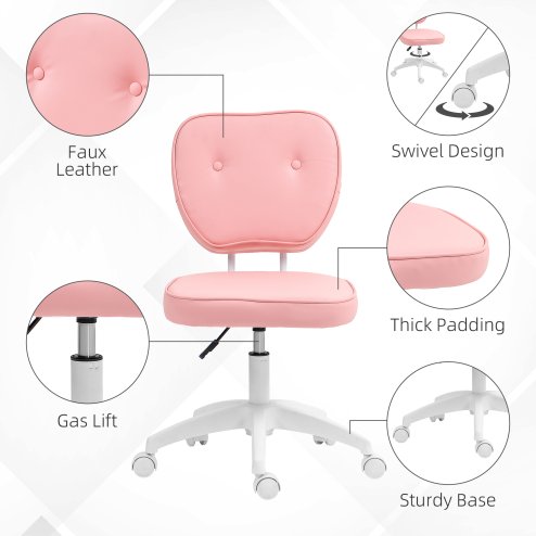 Vinsetto Cute Armless Office Chair, Small PU Leather Computer Desk Chair with Adjustable Height, Swivel Wheels, Mid Back, Pink