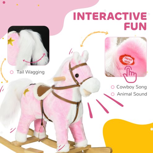 HOMCOM Kids Rocking Horse, Plush Ride On Horse with Music, Sound, Saddle, Wooden Base, Ride On Toy for Ages 3-6 Years - Pink
