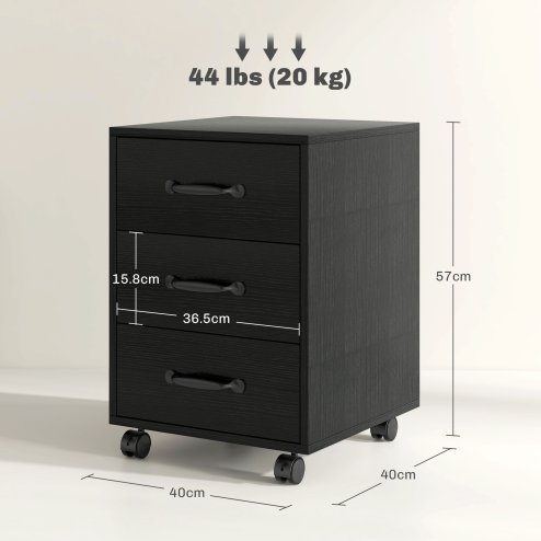 HOMCOM 3-Drawer Filing Cabinet, Mobile File Cabinet for Home Office, Small Rolling Filing Cabinet, Printer Stand, Under Desk File Cabinet for A4, Letter-Size Files, Black Wood Grain