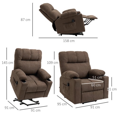 HOMCOM Power Lift Chair Recliner for Elderly, Velvet-touch Fabric Electric Riser and Recliner Chair for Living Room with Remote Control, Side Pockets, Cup Holders, Dark Brown