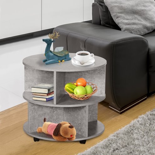 HOMCOM Round Coffee Table, Movable Centre Table with Divided Shelves and Rolling Wheels, 3 Tier Living Room Table