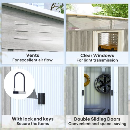 Outsunny 6.5 x 4FT Galvanised Metal Garden Shed with Double Sliding Doors and 2 Vents, Lockable Tool Storage House with Foundation Kit, Light Grey Wood Effect
