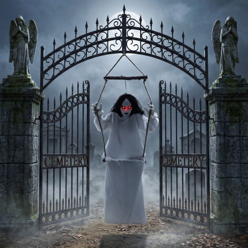 HOMCOM 170cm Animated Hanging Swing Ghost Halloween Decorations Outdoor Indoor, Sound Touch Activated Ghost Halloween Animatronic with Glowing Red Eyes for Haunted House Party Decorations